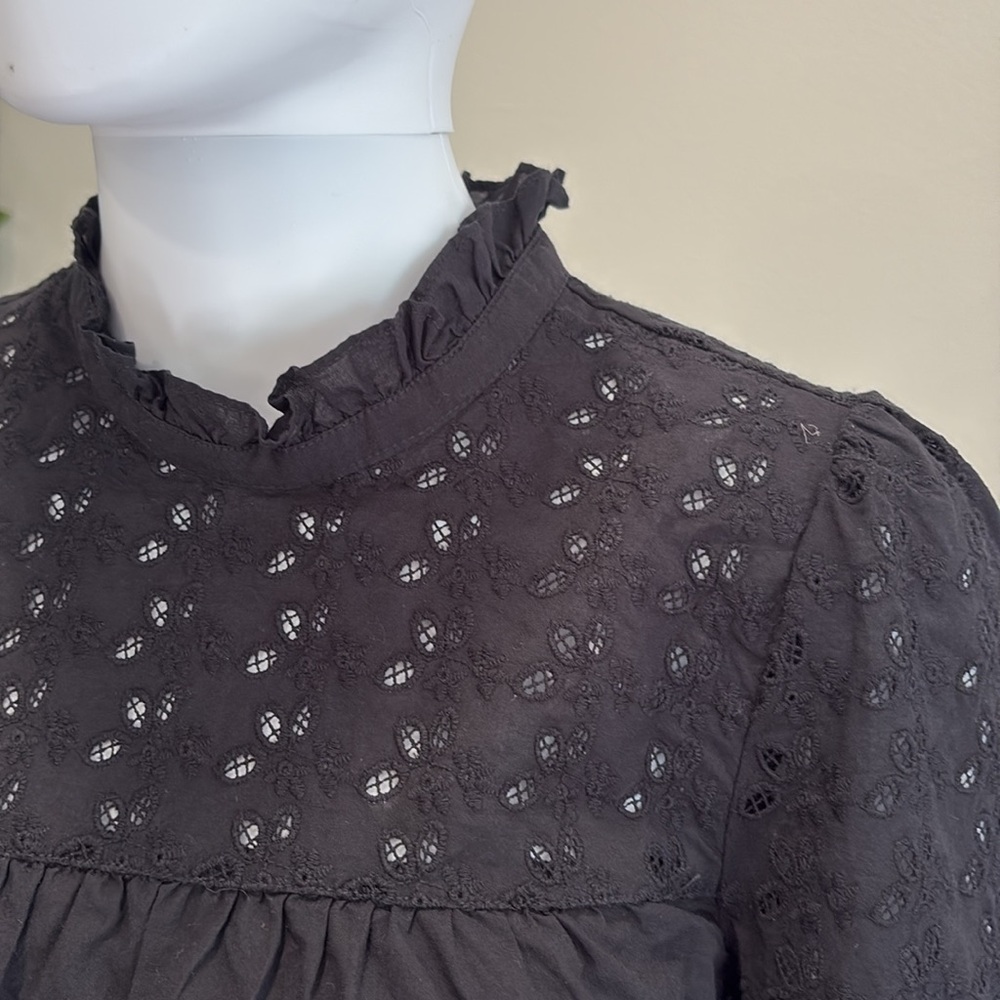 Madewell Black Eyelet Peasant Blouse Sz XXS Ruffle Tie Neck Balloon Long Sleeve - Picture 4 of 12